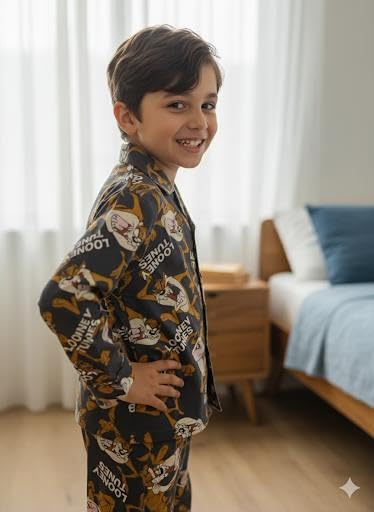 Image of TONY & JONY Summer Casual Wear Self Design Cartoons Printed Full Sleeve 100% Pure Cotton Kid's Top Bottom Set /Night Suit