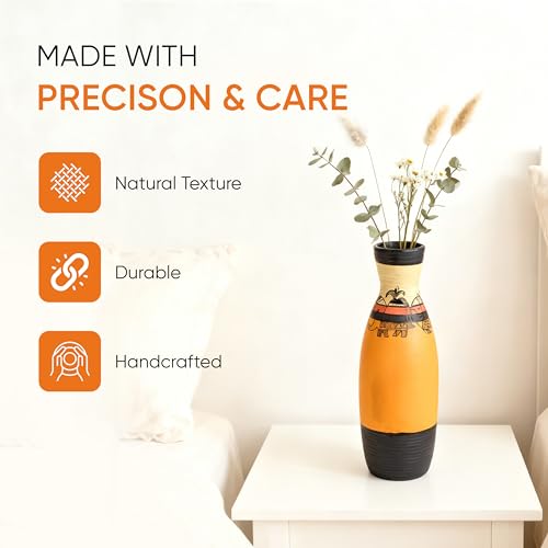 Image of Aakriti Art Creations Mustard Yellow Terracotta Vase with Madhubani Tattoo Art | Handmade Matte Finish Decorative Flower Vase | Living Room Table Decor, Floor Vase & Housewarming Gift