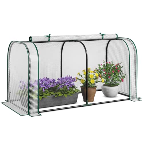 TANGKULA ビニールハウス 小型 ミニ温室 幅118cm ビニール温室 家庭用 カバー付き 霜対策 紫外線対策 防寒 防水 UV防止 家庭菜園 植物保護 (ホワイト)
