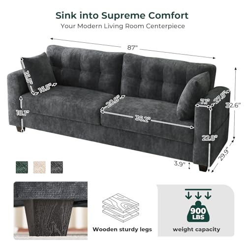 Image of 87 inch Loveseat Sofa for Living Room, Modern Chenille Cloud Couch with USB /Type-C Charging Ports, Side Pockets, Removable Cover, Wide Armrests, Small Couch for Small Space, Easy Assembly, Grey