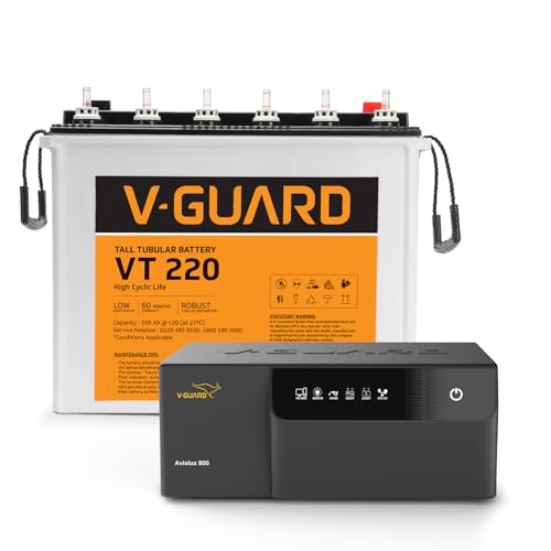 Image of V-Guard Inverter & Battery Combo (Aviolux 800 Inverter, VT 220 (205 Ah Tall Tubular Battery)) for Home, Office & Shops