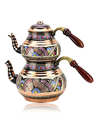 LaModaHome Handmade Copper Turkish Traditional Tea Pot with Wooden Non-Burning Handle and Lid, Tea Kettle Pots Set for Stove Top Decorative Vintage Antique Floral Housewarming, Home Decor, Wedding