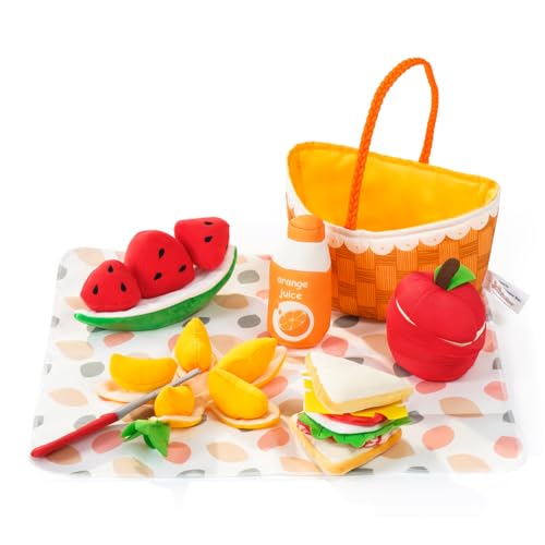 Jollybaby Plush Stuffed Cloth Picnic Food Toy Set for Toddler 1-3 Soft Picnic Basket Montessori Sensory Toy for 1 Year Old Pretend Food Toy Gifts for Infant Boys and Girls