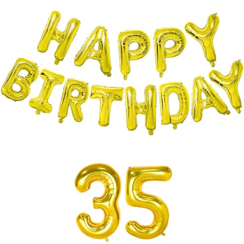 Image of Flyloons 35th Golden Colour Happy Birthday Foil Balloon Banner Set for 35 Year Old | with Number Thirty-five | 13 Letters Reusable Happy Birthday Metallic Foil Balloons Decoration Kit,15 pcs