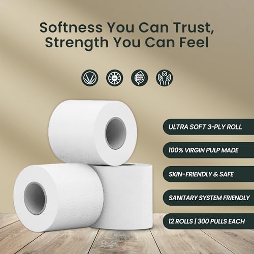 Image of Claret Ultra Soft 3-Ply Virgin Pulp Toilet Rolls | 300 Pulls Each Skin-Friendly | 12 Rolls in 1 Pack | OBA-Free | Sanitary System Friendly (Pack Of 12 Rolls)