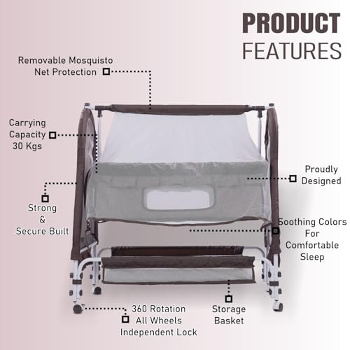 Image of PANDAORIGINALS Jumbo Baby Cradle|Soft Cushion Baby Jhula /Paalna Cute cot with Mosquito Net for 0-9 Months Boys and Girls Super Strong Soft Cushion and Swing Lock Function (Royal Brown)