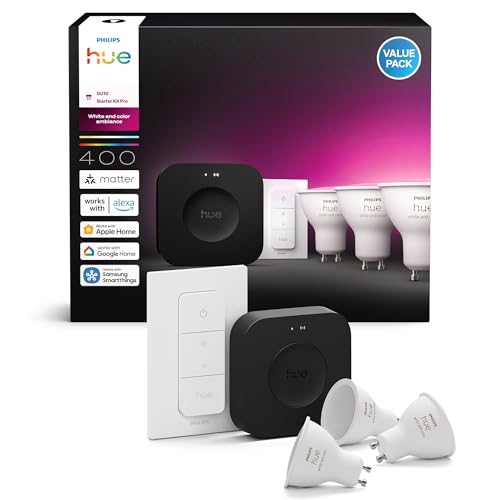 Philips Hue Kit de démarrage : Bridge Pro + 3 spots intelligents GU10 + variateur d'intensité, ambiance blanche et colorée, hub d'éclairage intelligent,...