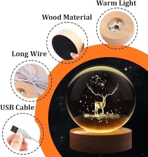 Image of UCRAVO 3D Deer Crystal LED Night Light Decoration Snow Globe Christmas Night Light, 3D Laser Engraving Glass Ball,USB Charging Crystal Ball with Wooden Base,Nightstand Bedroom Decoration, Home Gift