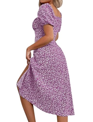 Image of SPRIME Women's Floral Summer Casual Dress Square Neck Puff Sleeve Boho Midi Dresses Ruched Bust High Waist Split Long Dress