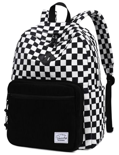 VASCHY Mochila de viagem de veludo cotelê, vintage, casual, kawaii, fofa, estética de lã, mochila para escola/trabalho, Xadrez preto e branco, Mochilas Daypack