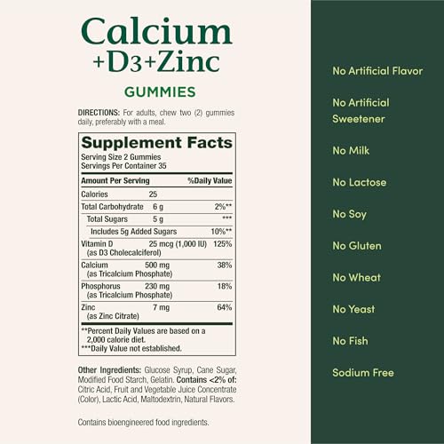 Nature's Bounty Calcium + D3 + Zinc Gummies, Supports Strong Bones & Teeth Plus a Healthy Immune System, 500mg, Orange and Cherry Flavored, 70 Gummies (Pack of 2) - image 5