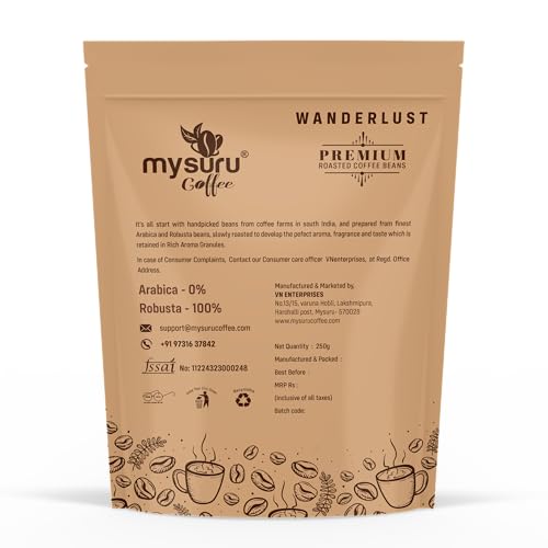 Image of Mysuru Coffee Premium Whole Roasted Beans [250g - WANDERLUST] Pure Robusta - 100% Cafe Blend Medium Roast Fresh Single Origin Coffee