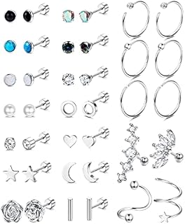 JeweBella 19 Pairs Small Stud Earrings Set for Women Men Surgical Steel Cartilage Helix Earrings Hypoallergenic Star Moon Opal Zirconia Flat Back Earrings Hoop Earrings Piercing Stud Earrings Set