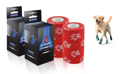 Image of A-Tape Breathable Self Adhesive Cohesive Bandage Wrap - Athletic Non-Woven for Sports, Medical Use, Injuries, Knee & Wrist Support - Suitable for Humans & Pets (Printed) (Red Paw, 10cm Pack Of 2)