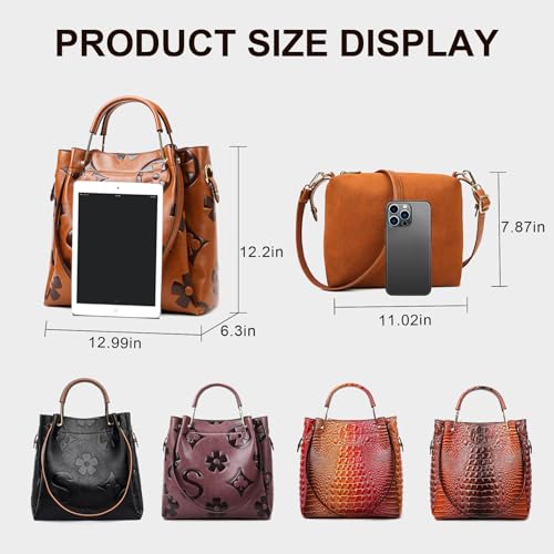 Women’s Floral Embossed Leather Handbag - Large Top Handle Shoulder Bag with Detachable Strap for Everyday4