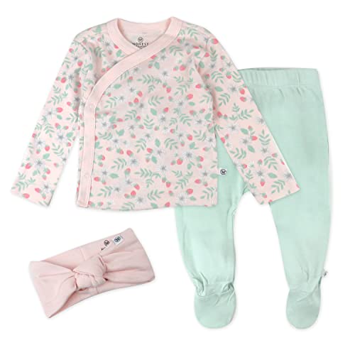 Image of HonestBaby 3-Piece Organic Cotton Kimono Top, Footed Pant & Headband/Beanie Set, Strawberry Patch, 0-3 Months