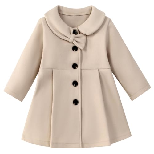 Image of USKIDKK Toddler Baby Girl Coat Long Sleeve Solid Color Buttons Clothes Jacket Little Girls Dress Coat Fall Winter Outfit (Beige,2-3T)
