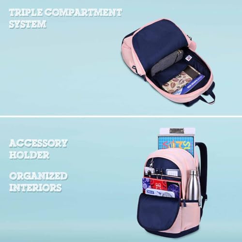 Image of Tommy Hilfiger Ultra-Lightweight School Backpack Trote - Blush Pink+Navy | Large 3-Compartment Student Bag with Extra Accessory Pouch | Soft File Sleeve & Water-Resistant Twill | 34L Capacity