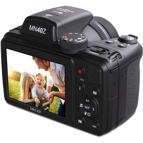 MINOLTA MN40Z 20 Mega Pixels 40x Optical Zoom Digital Camera with 1080p FHD Video, Black, Bundle with 64GB Memory Card + Vlog Tripod + 4xAA Battery with Charger + Accessories