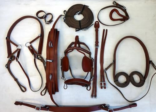 Premium Nylon Horse Cart Driving Harness Set, Complete Equestrian Tack with Reins and Bridle Pony, Cob, Full & Shetland Brown (Full Horse)