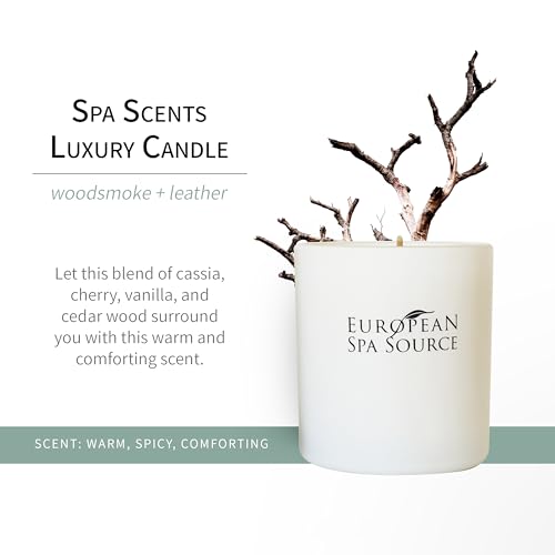 European Spa Source Woodsmoke + Leather Luxury Candle for Aromatherapy, Soy Wax Candle, Hand Poured, At Home Spa Experience Promoting Relaxation, 45 Hours of Burn Time
