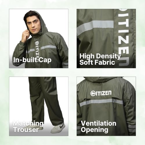 Image of Citizen Raincoat for Men with Adjustable Hood, Waterproof Pant and Carry Pouch | Reflective Strips Standard Length| Double Layered Tapping Rubberized Fabric | Durable & Lightweight Rainsuit