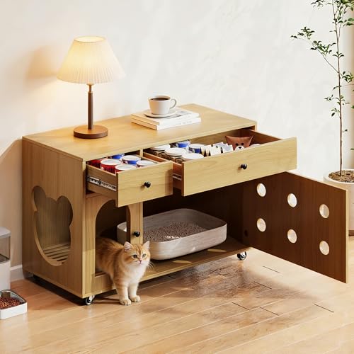 DENMOSTY XXL Katzentoilette Schrank mit Tür – Bewegbar Katzenschrank Versteckt ohne Katzenklo, Katze Haus Kommode Möbel Katzenkloschrank...