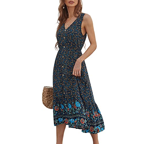 Image of BROVAVE Women Summer Bohemian Floral Print V Neck Sleeveless Sundress Flowy Casual Midi Dress