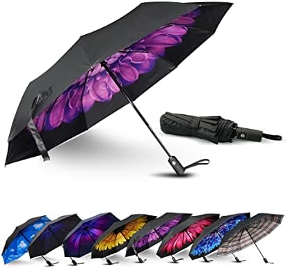 LLanxiry Umbrella Windproof Travel Umbrellas for Rain Black Folding Umbrellas 10 RIBS Automatic Strong Portable Wind Resistant Backpack Umbrella for Men and Women (Purple daisies)