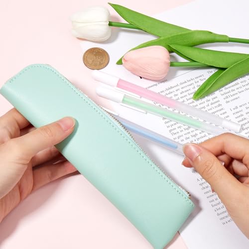 Image of GORGECRAFT Slim Design Soft Case Small PU Leather Aesthetic Pen Pouch Storage Bag Solid Color Portable Zipper Cosmetic Bag for Pen Markers Gifts (Aquamarine)