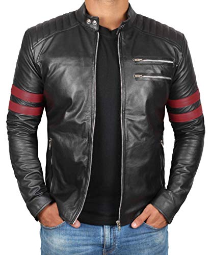 Blingsoul Mens Black Motorcycle Jacket | [1100311] Red Strip 1 Side Zip, XS