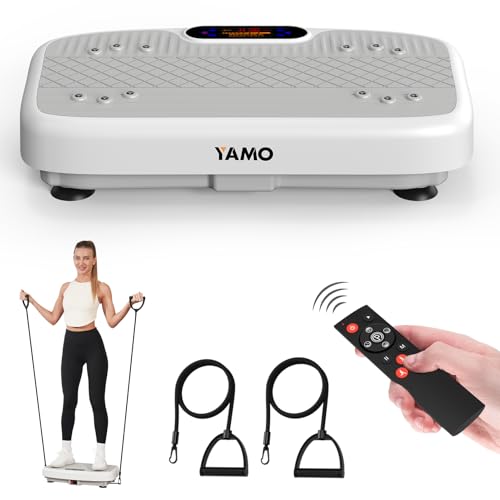 YAMO Pedana Vibrante, Piattaforma Pedana Vibrante Dimagrante 5 Programmi + 99 Livelli di Velocità, Display LED Telecomando Bande Elastiche, Carico Massimo 150KG
