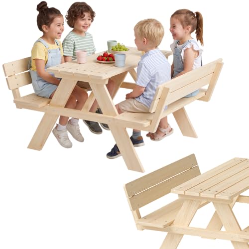 Bellabino Inny Kindersitzgruppe für 4 Kinder Kindertisch mit 2 Bänken mit Lehne Sitzbank Outdoor 30cm Höhe Kleinkinder Sitzgruppe in Natur aus Kiefernholz unbehandelt Kinderbank für den Garten