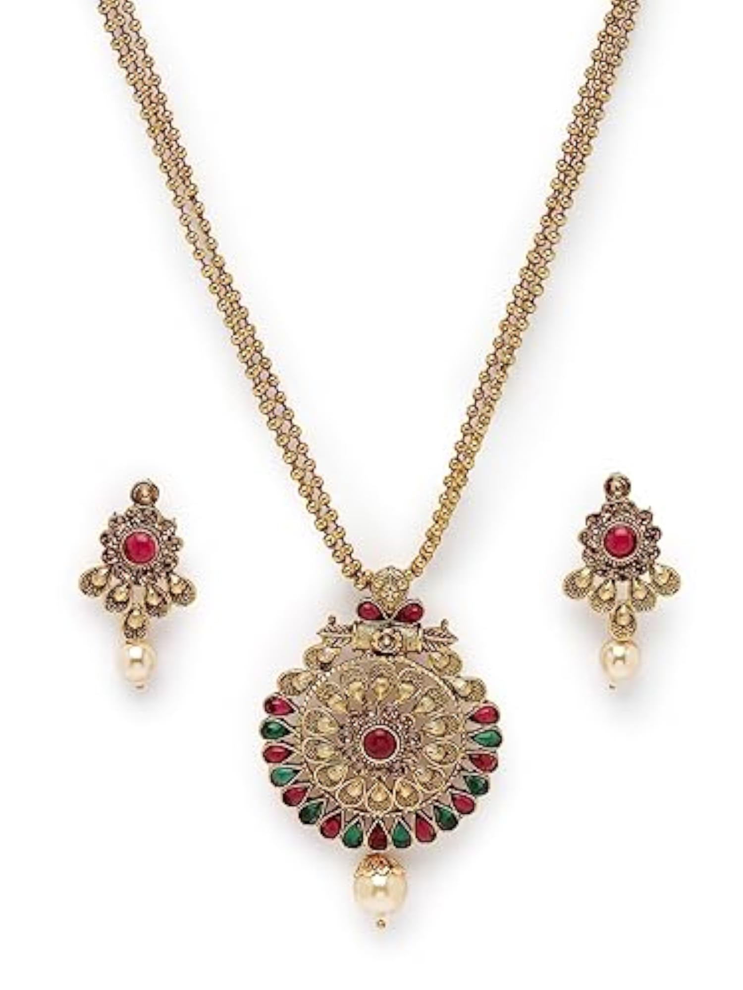 Green Red Stone Multistring Long Necklace Set And Earring