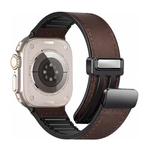 Image of Magnetic Leather Bands Compatible with Apple Watch 49mm 46mm 45mm 44mm 42mm | Genuine Leather with Magnetic Buckle for iWatch Ultra 2 Ultra SE Series 10 9 8 7 5 4 3