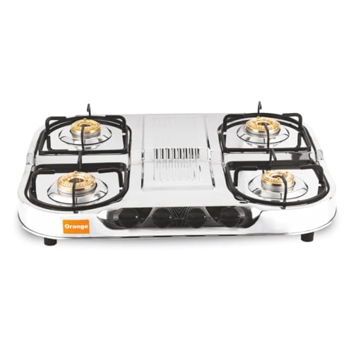 Image of Orange 4 Burner Stainless Steel Gas Stoves Manual (Shine) | Silver | Spill Proof | Ergonomic Knobs | Tri-Pin Brass Burners (ISI Certified)
