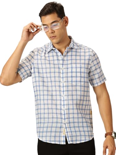 Image of Thomas Scott Men's | Checks | Half Sleeve | Slim Fit | Jute Linen | Spread Collar | Casual Shirt
