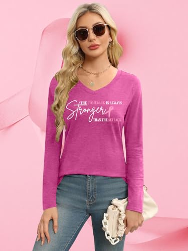 Breast Cancer Shirts for Women Pink Ribbon Long Sleeve Breast Cancer Awareness T-Shirt Cancer Survivor V-Neck Tops4