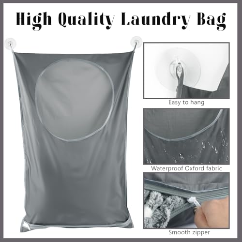 2 Stück Wäschesack zum Aufhängen, Wäschesäcke zum Aufhängen, Platzsparend Wäschebeutel Schmutzwäsche, Wäschekorb Hängend mit Edelstahl Türhaken, für Wandschränke, Türen, Wände(Grau) – Bild 3
