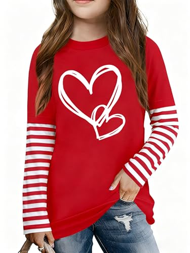 Image of LAZYCHILD Kids Valentine Shirt Girls Valentines Day Shirts Heart Graphic Long Sleeve Striped Tee Tops 5-14 Years