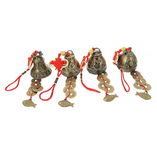 COOLHIYA 4pcs Vintage Style Chinese Feng Shui Metal Wind Bells with Double-Sided Dragon Phoenix Peacock and Fish Pendants for Garden Balcony Decor and Prosperity