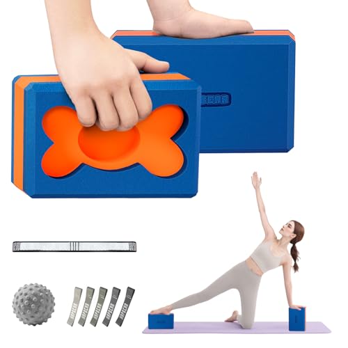 HAPBEAR ヨガブロック ストレッチブロック 2個セット｜トレーニングチューブ5本 & マッサージボール付き｜ゴールデンカット設計・滑り止め溝｜軽量多機能（自宅/ジム/屋外）