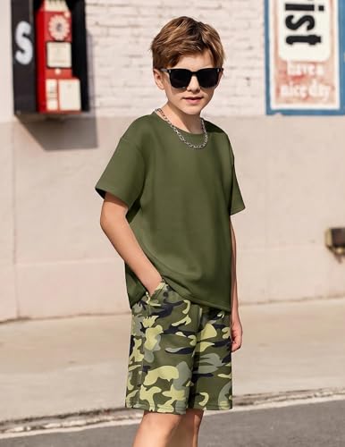 Image of Arshiner Boys Drop Shoulder T-Shirt & Drawstring Waist Shorts Summer Casual Outfits (5-12 Years)
