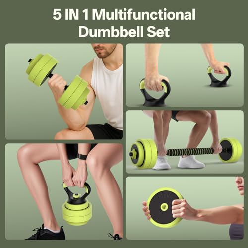 PASYOU Juego de mancuernas ajustables de 20 kg, juego de mancuernas 5 en 1, flexiones y pesas rusas, juego con tubo de conexión, mancuernas y mancuernas para fitness en casa, color verde - imagen 2