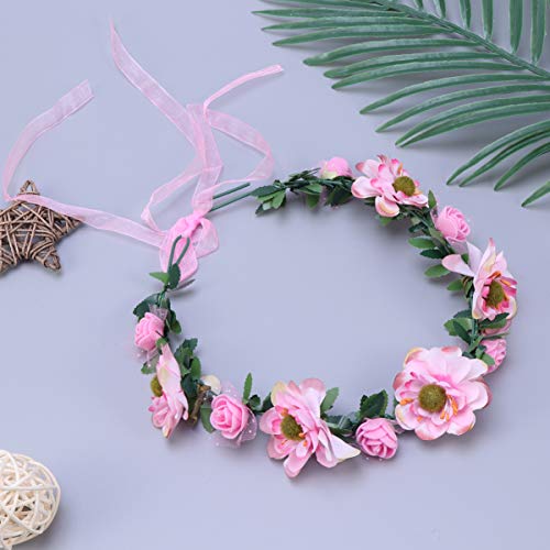 Lurrose Bohemia Floral Wreath Bridal Headband Decorative Garland Simulation Flower Crown for Festival Wedding Pink - Image 4