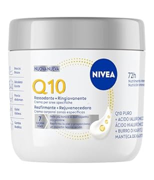 NIVEA Q10 Rassodante + Ringiovanente Aree specifiche 400 ml, Crema rassodante corpo con Coenzima Q10 e Acido Ialuronico, Crema idratante corpo 72h tonificante per seno, braccia, pancia, glutei e gambe