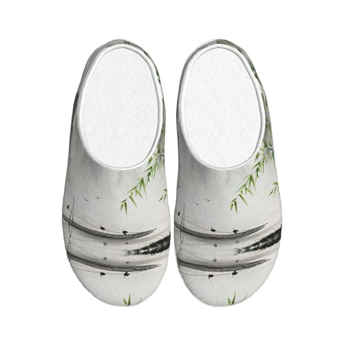 EdWal Pantuflas cálidas de invierno con estampado de pintura de paisaje, antideslizantes, de felpa, relajantes en casa, para mujeres y hombres, Black, 39 EU