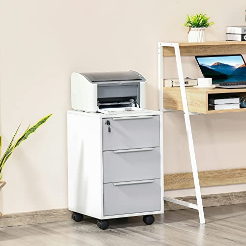 Miniatura 2 de Homcom Cajonera De Escritorio Con 3 Cajones, Cajonera De Oficina Con Ruedas, Cerradura Y 2 Llaves, Archivador Móvil Para Estudio, Salón, 40x40x63,5 Cm, Blanco Y Gris