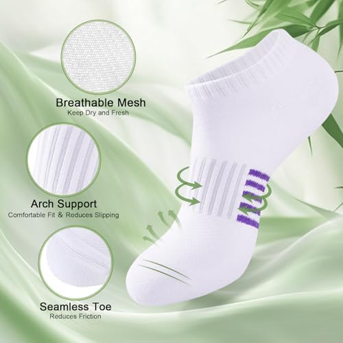 Ankle Socks for Women, 6/12 Pairs Bamboo Viscose Breathable Cushioned Moisture Wicking Athletic Running Casual Low Cut Socks, 6 Multicolored White 8-11 — view 3