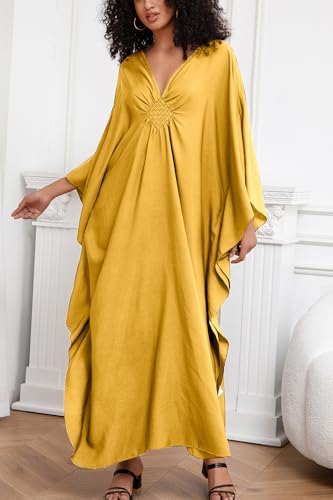 Women's Solid Color Bohemian Kaftan Dress Beach Cover Ups Plus Size Bathrobes One Size2